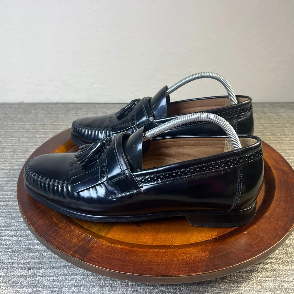 Bass Mens Shoes Black Leather Kiltie Tassel Loafers Brogue Detail Slip On Dres